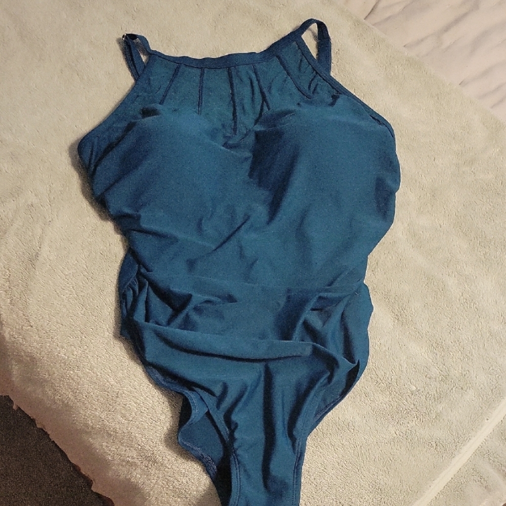 Womens Teal High Neck One Piece Swimsuit